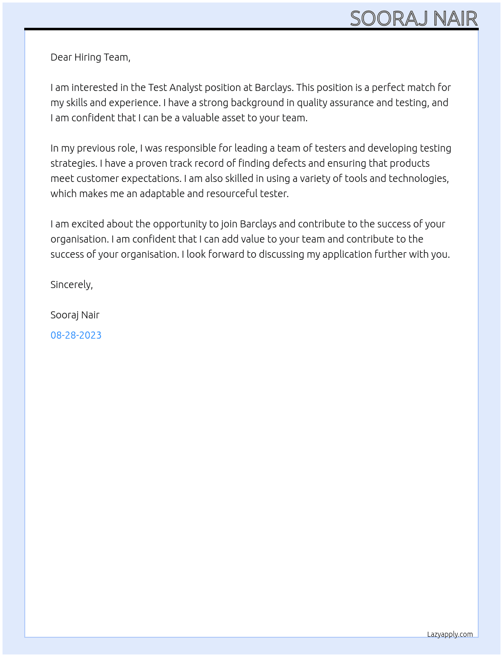 Test Analyst At Barclays Cover Letter