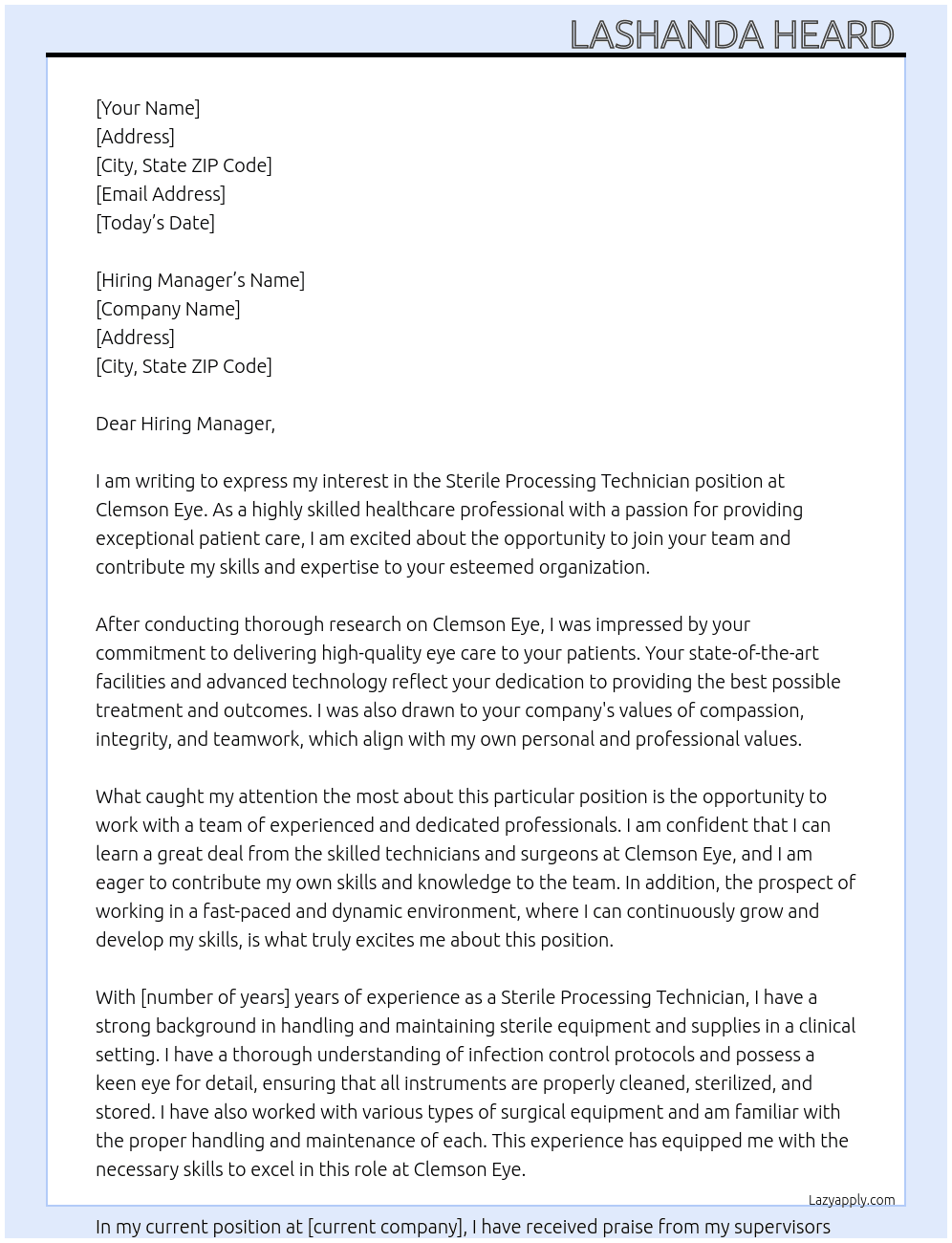 Sterile Processing Technician At Clemson Eye  Cover Letter