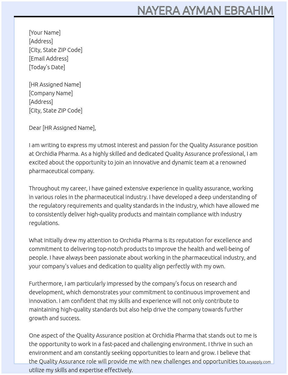 Quality assurance At Orchidia pharma Cover Letter