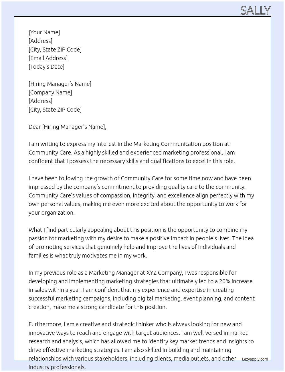 marketing communication At community care Cover Letter