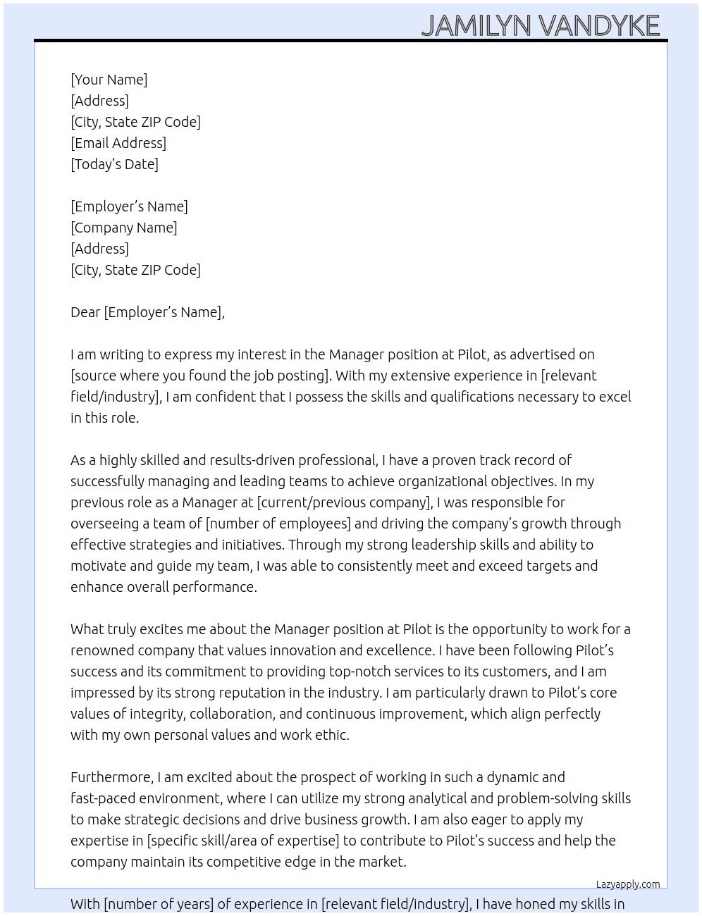 Manger At Pilot Cover Letter