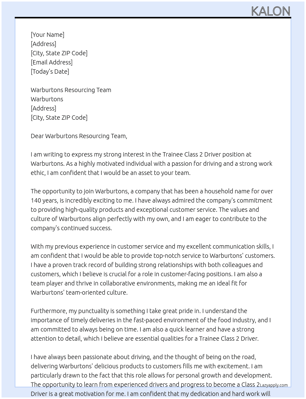 Trainee Class 2 Driver At Warburtons  Cover Letter