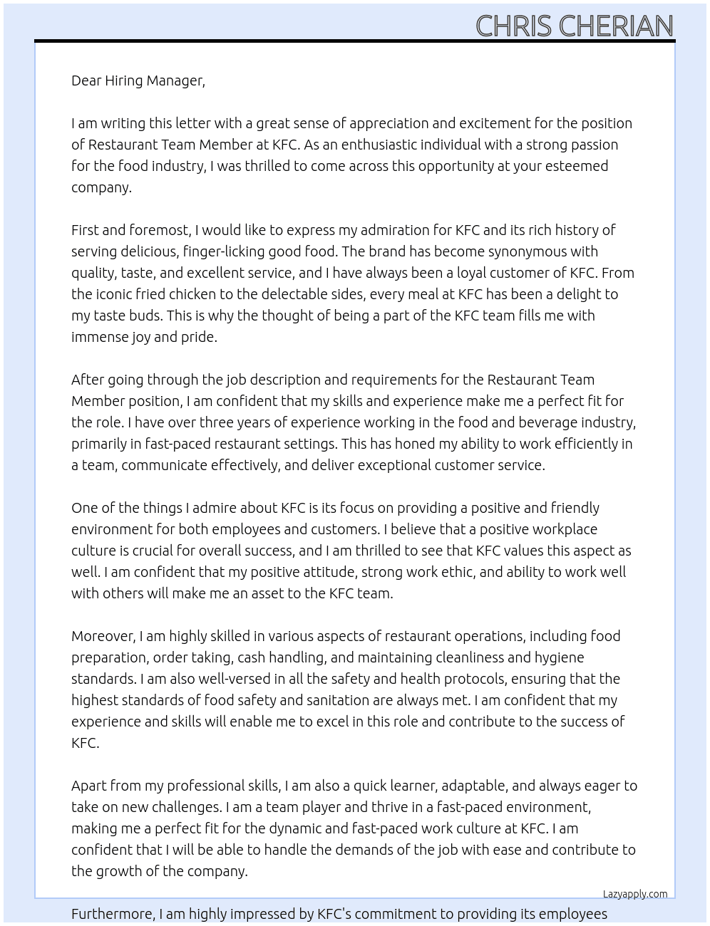 Cover letter for restaurant team member - LazyApply