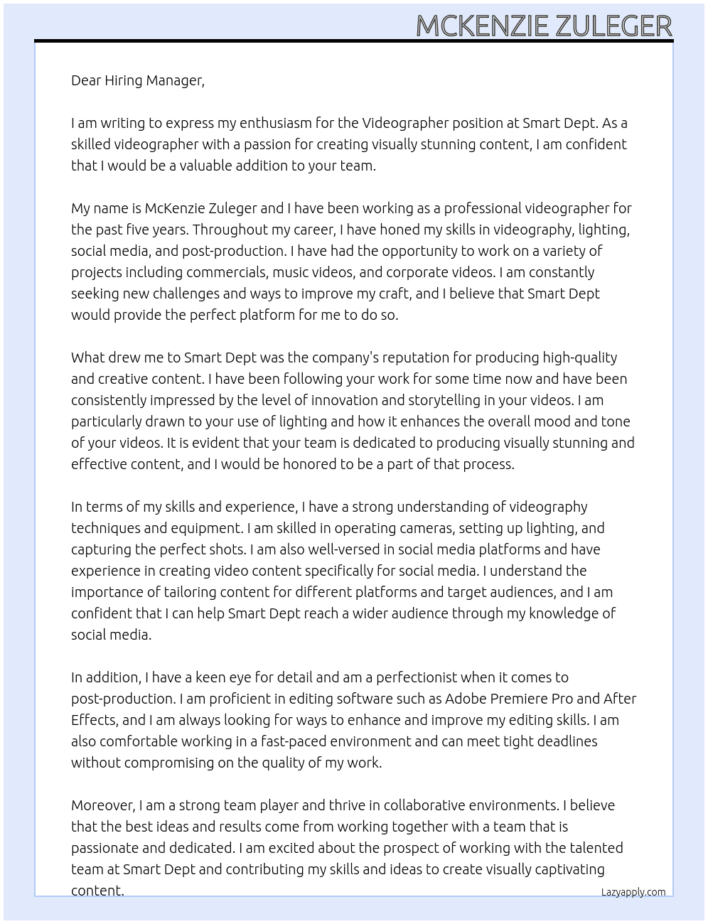 Videographer At Smart Dept Cover Letter