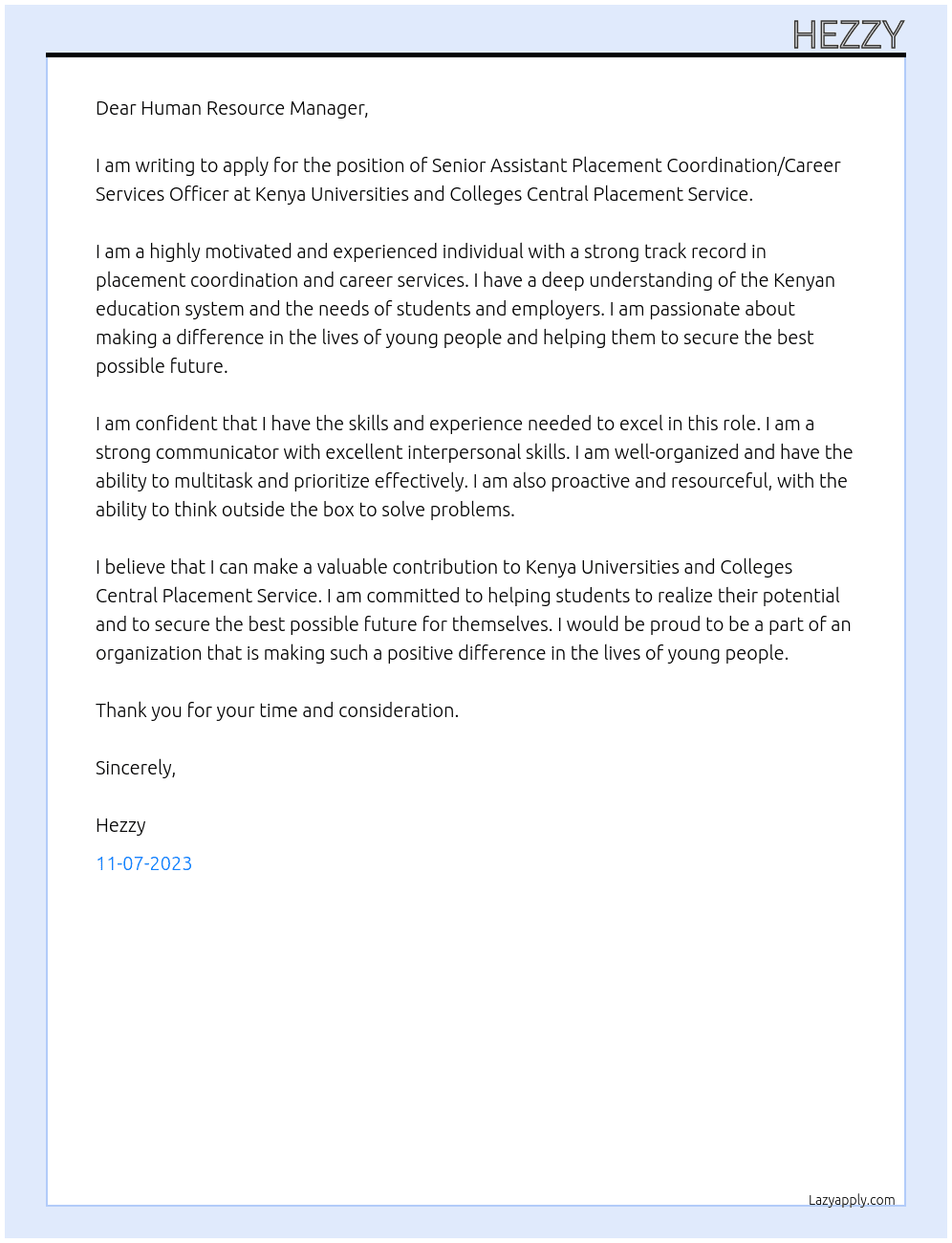 SENIOR ASSISTANT PLACEMENT COORDINATION/CAREER SERVICES OFFICER At Kenya Universities and Colleges Central Placement Service Cover Letter