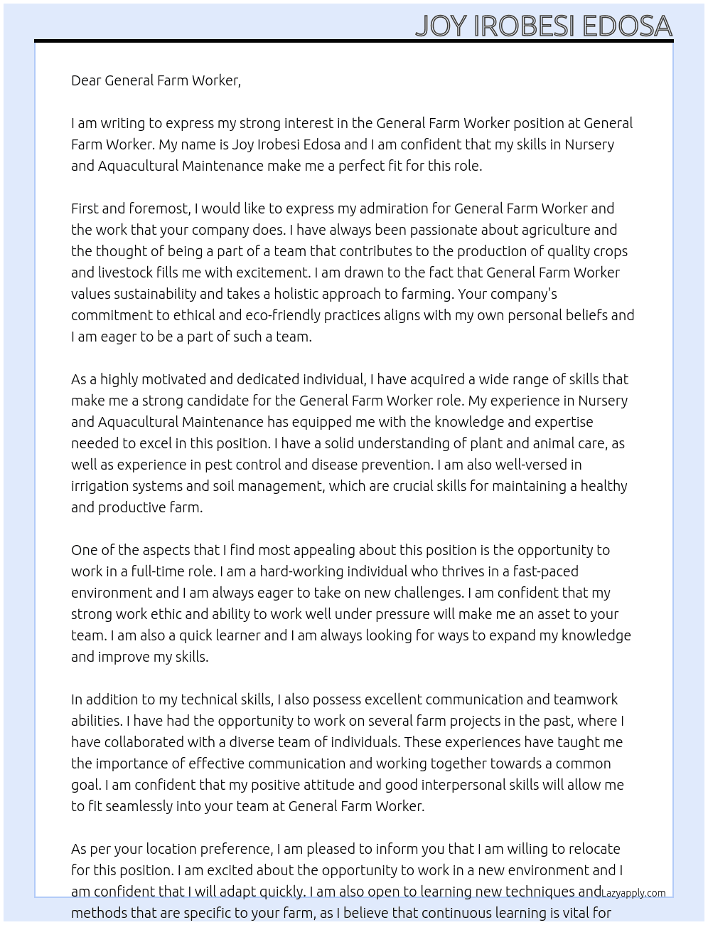 General Farm Worker At General Farm Worker Cover Letter