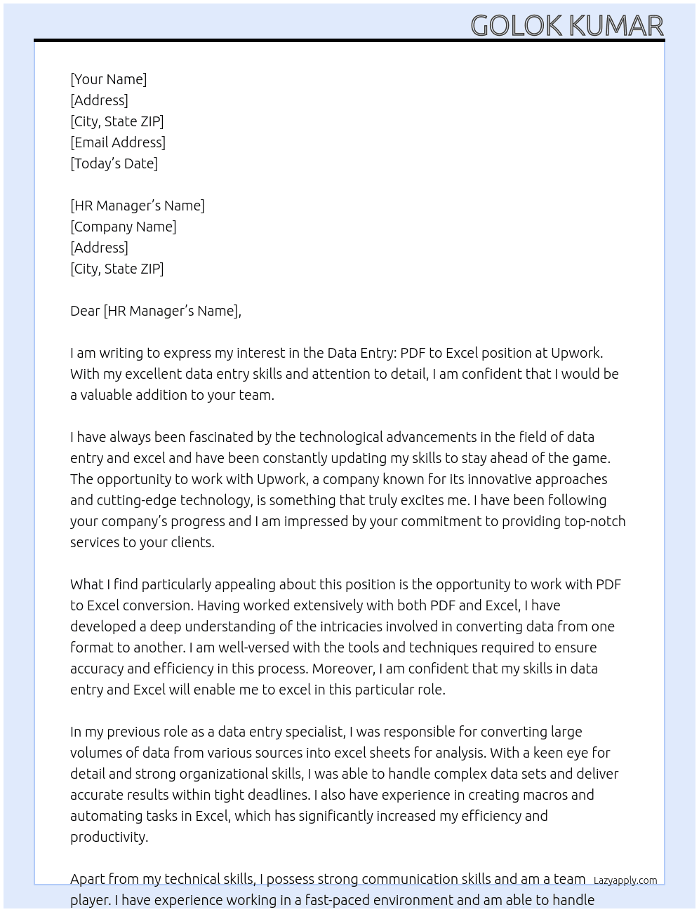 Cover letter for data entry : pdf to excel - LazyApply