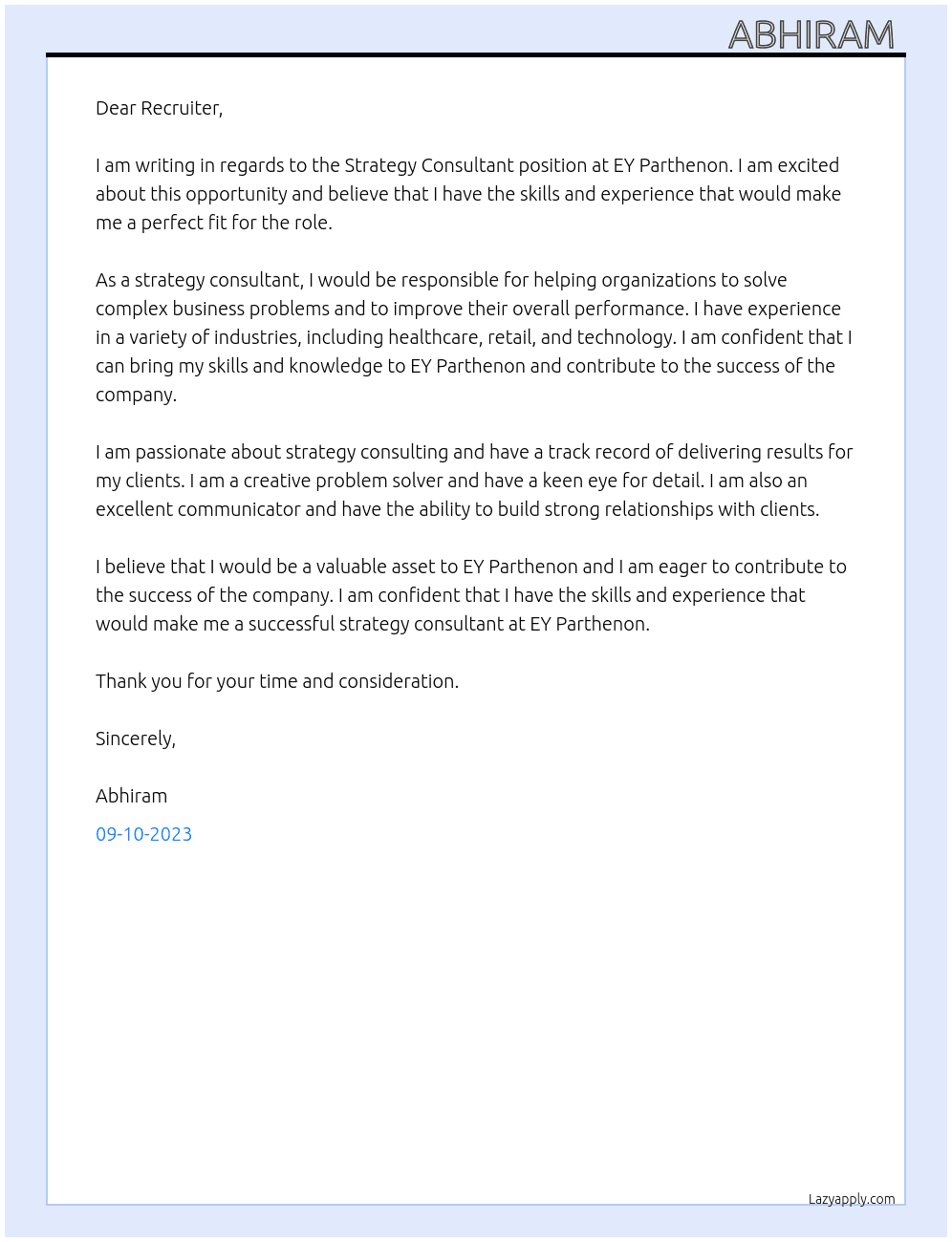 Strategy Consultant At EY Parthenon Cover Letter