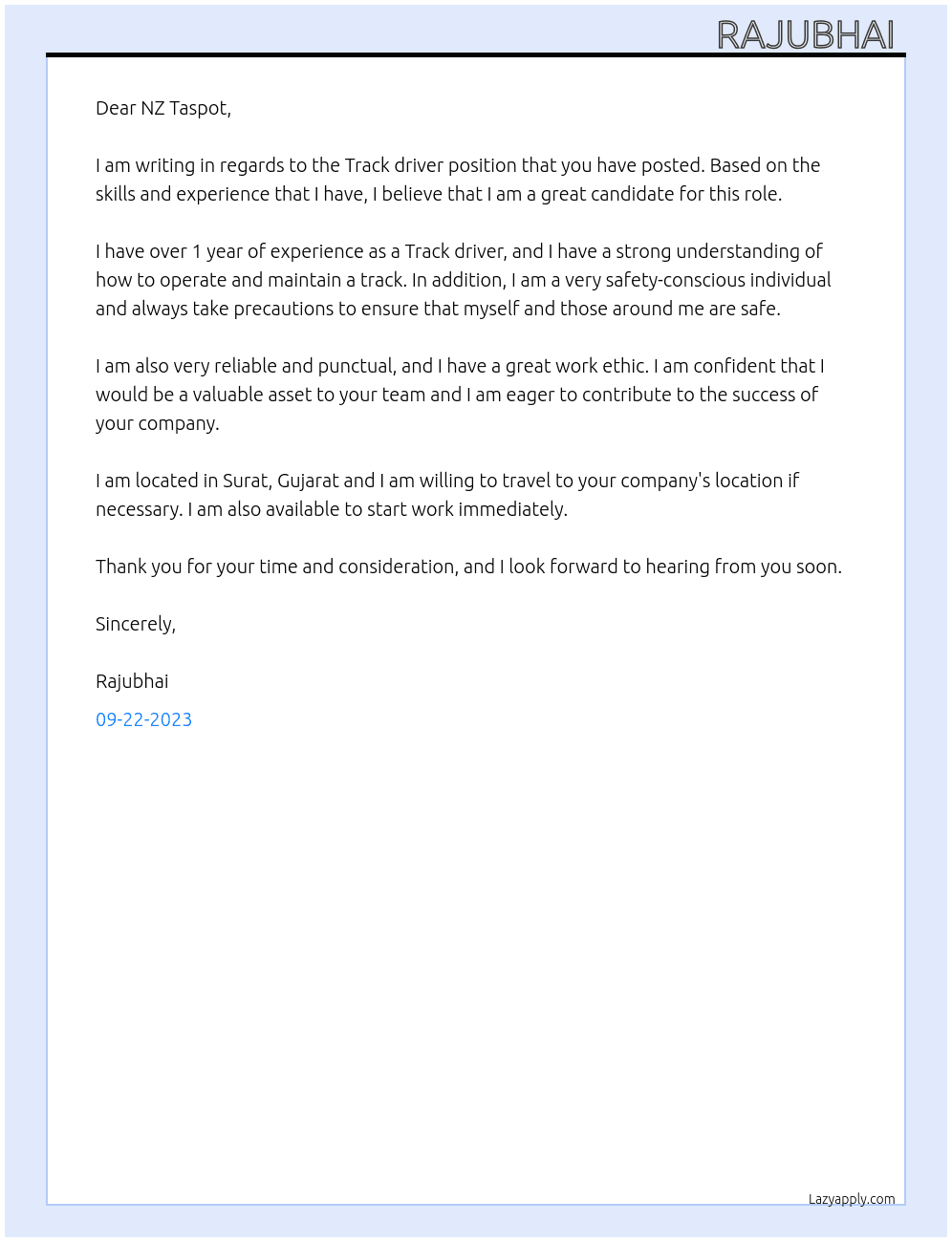 Track driver  At NZ Taspot Cover Letter