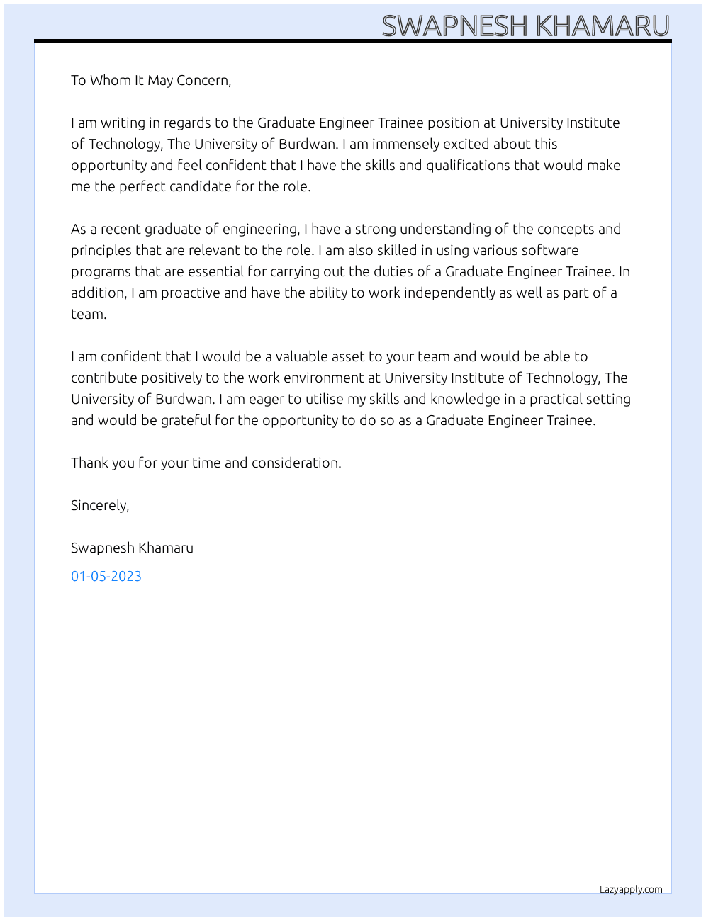 Graduate Engineer Trainee At University Institute of Technology, The University of Burdwan Cover Letter