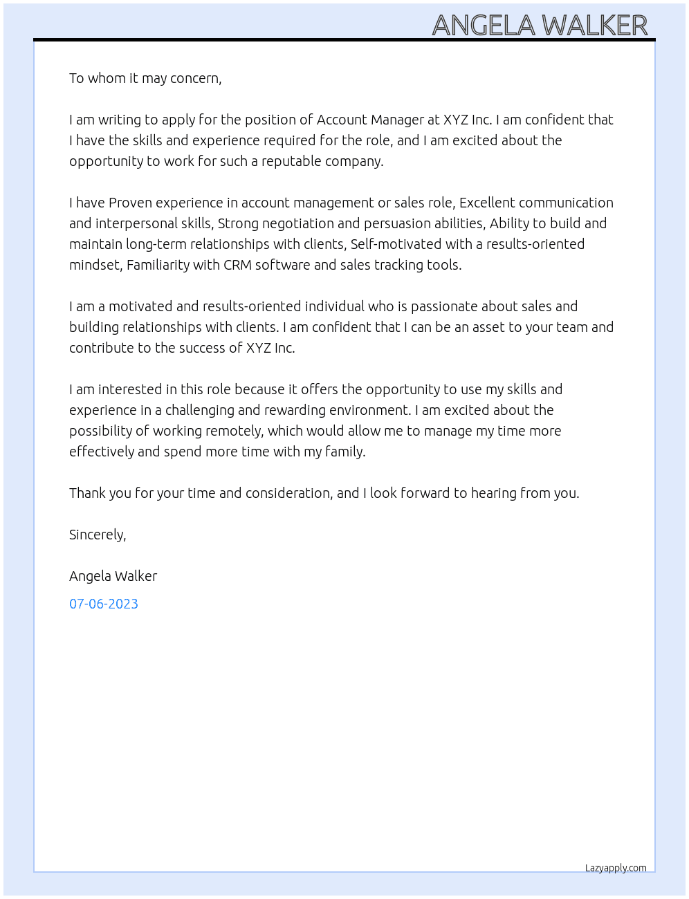 Account Manager At Xyz Inc. Cover Letter