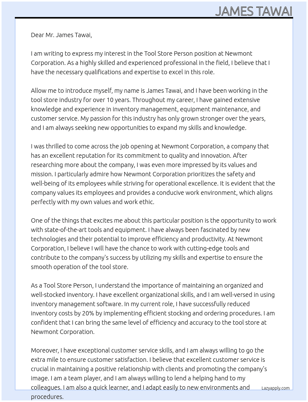 Tool Store Person At Newmont Corporation Cover Letter