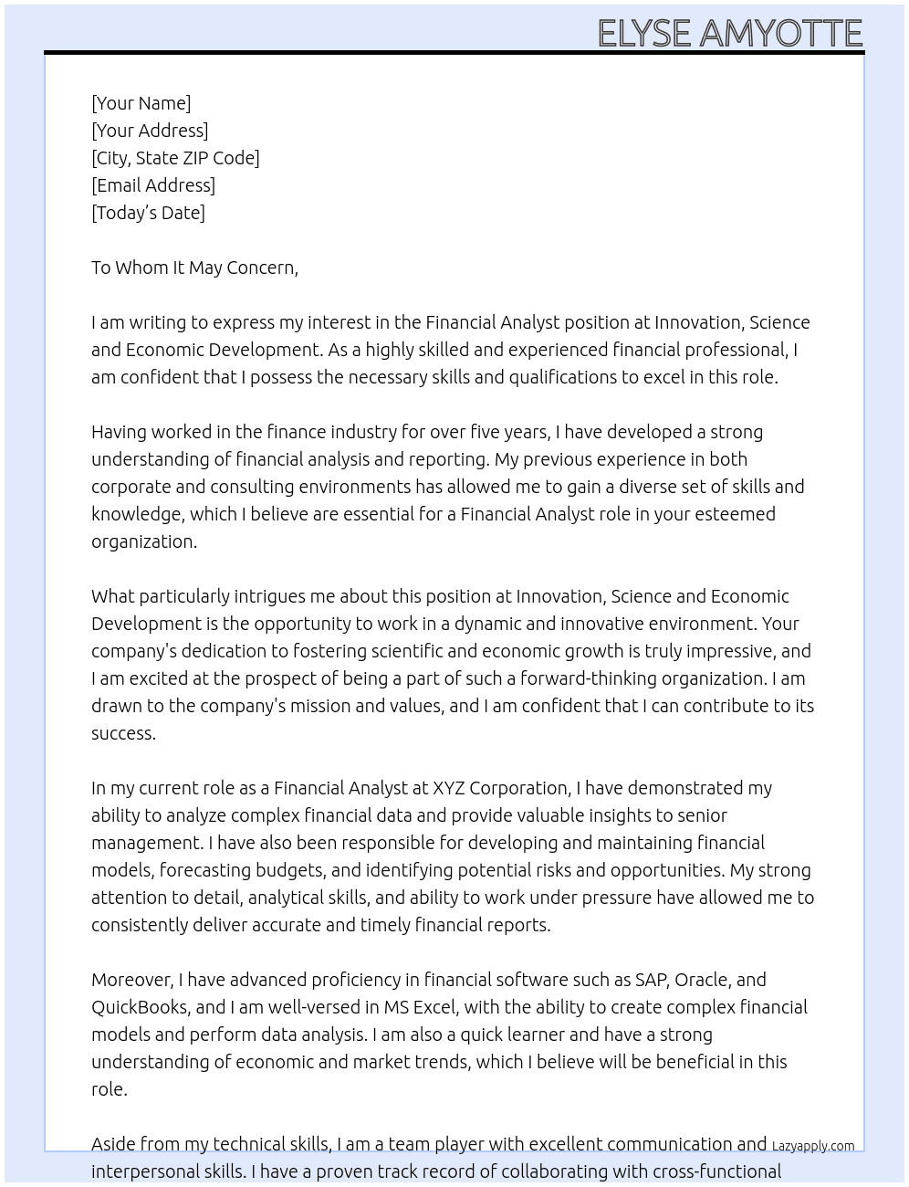 Financial Analist At Innovation, Science and Economic Development Cover Letter