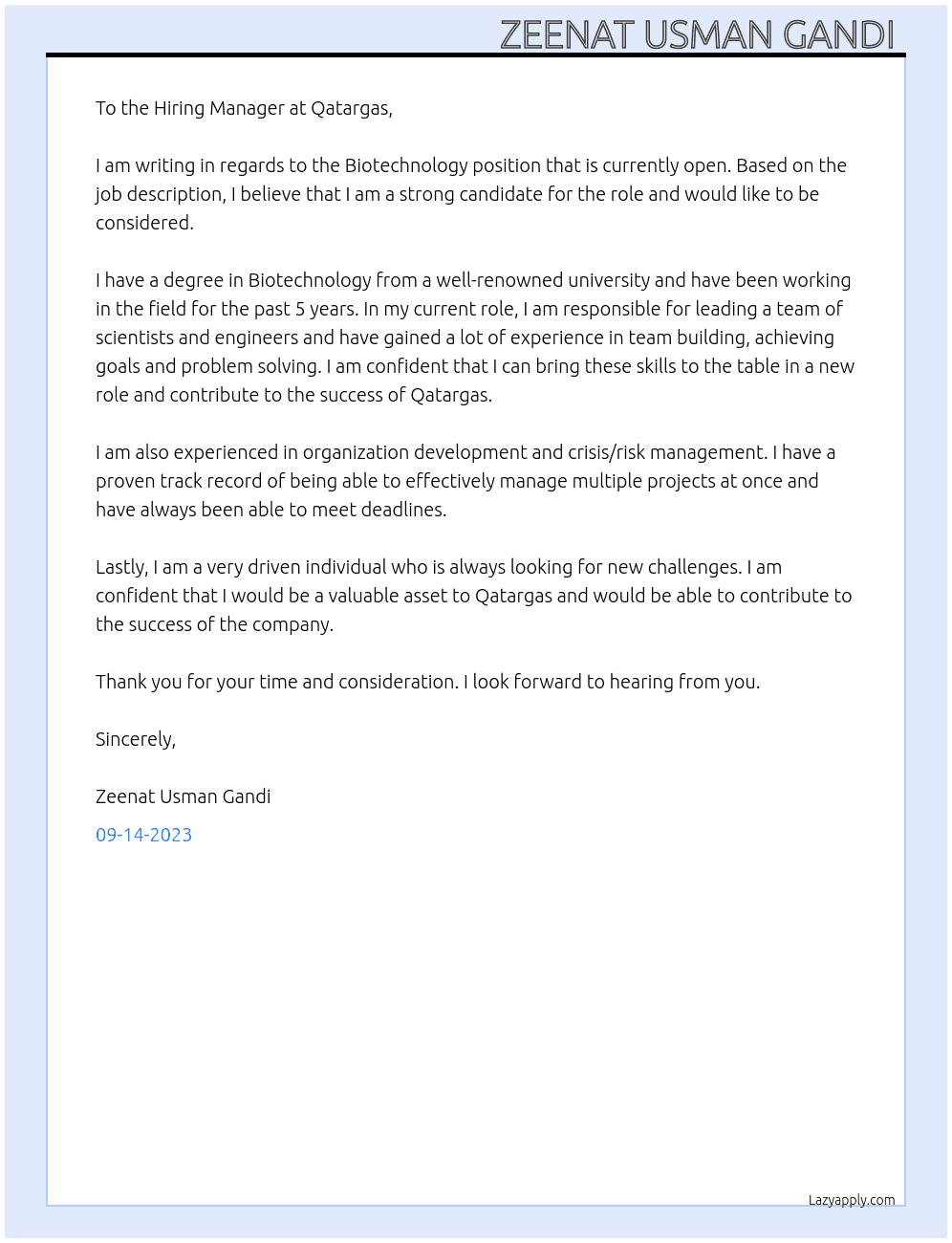 Biotechnology  At Qatargas Cover Letter