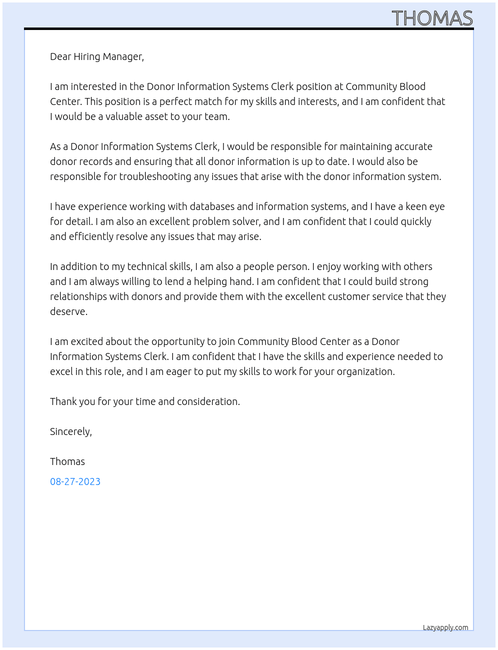 Donor Information Systems Clerk At Community Blood Center Cover Letter