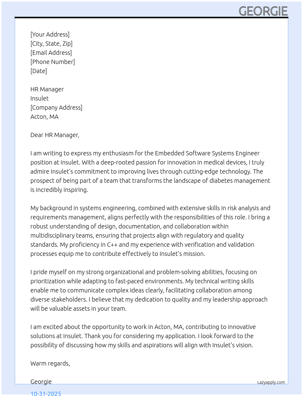 Embedded Software Systems Engineer  At Insulet Cover Letter