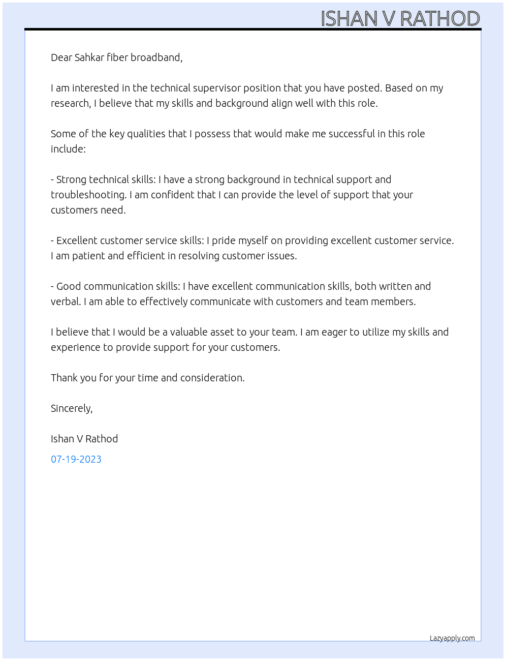 Technical supervisor  At Sahkar fiber broadband  Cover Letter