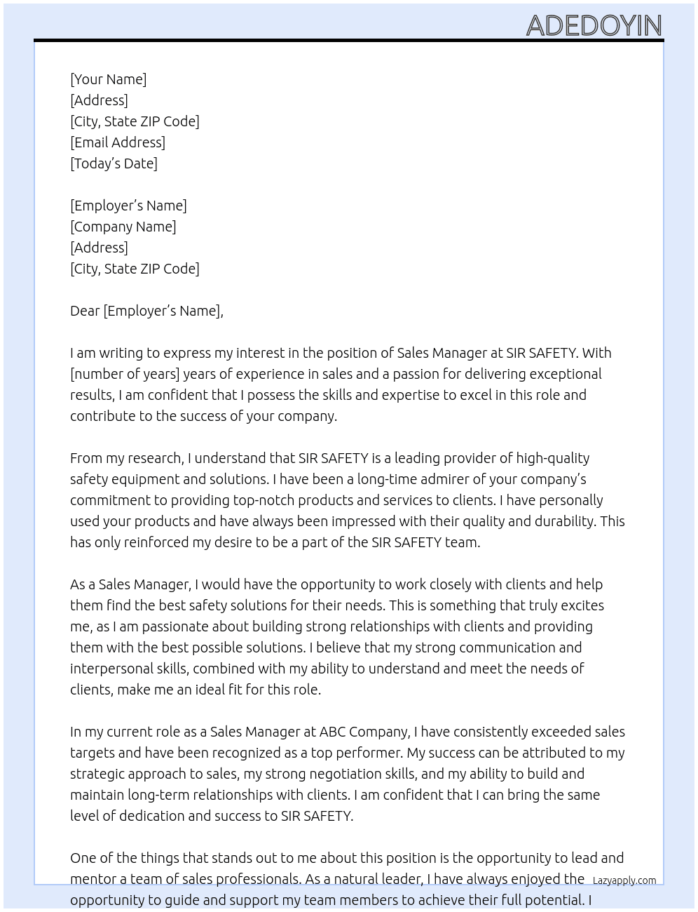 sales manager At SIR SAFETY Cover Letter
