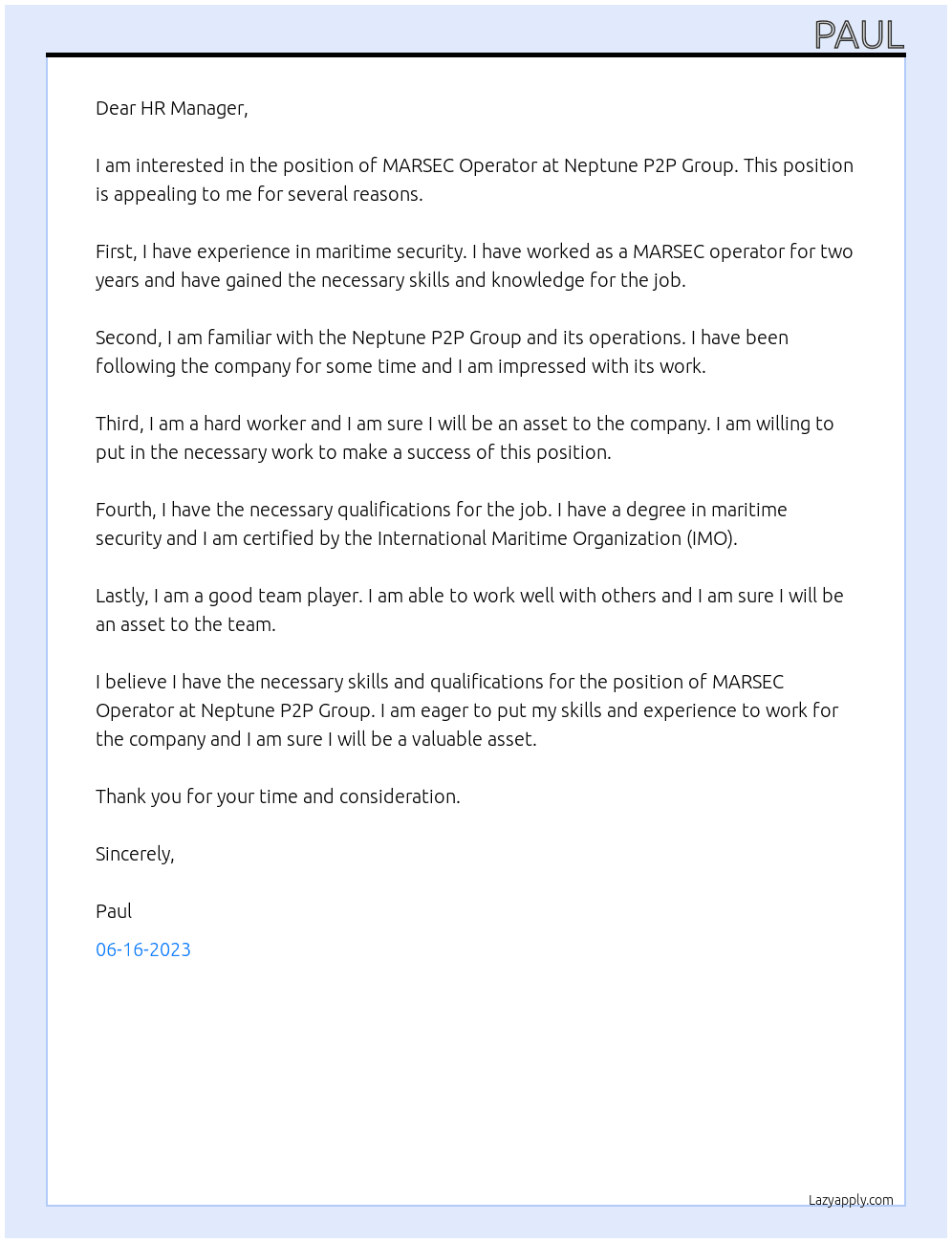 MARSEC Operator At Neptune P2P Group Cover Letter