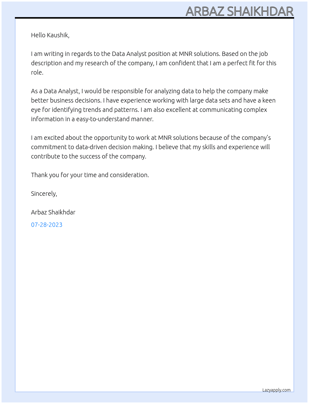 Data analyst  At MNR solutions Cover Letter