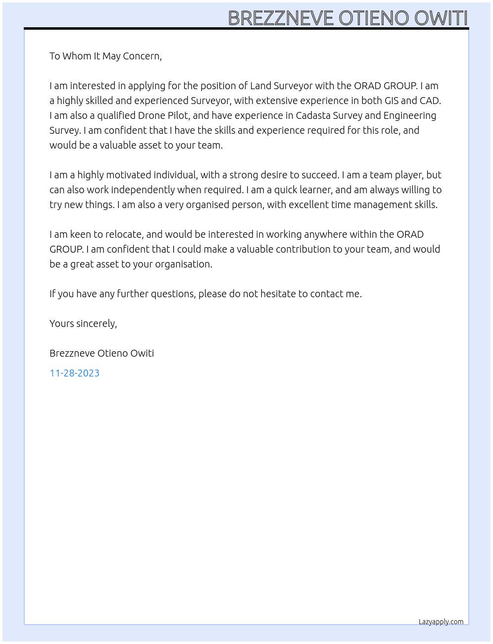 Land Surveyor  At ORAD GROUP Cover Letter