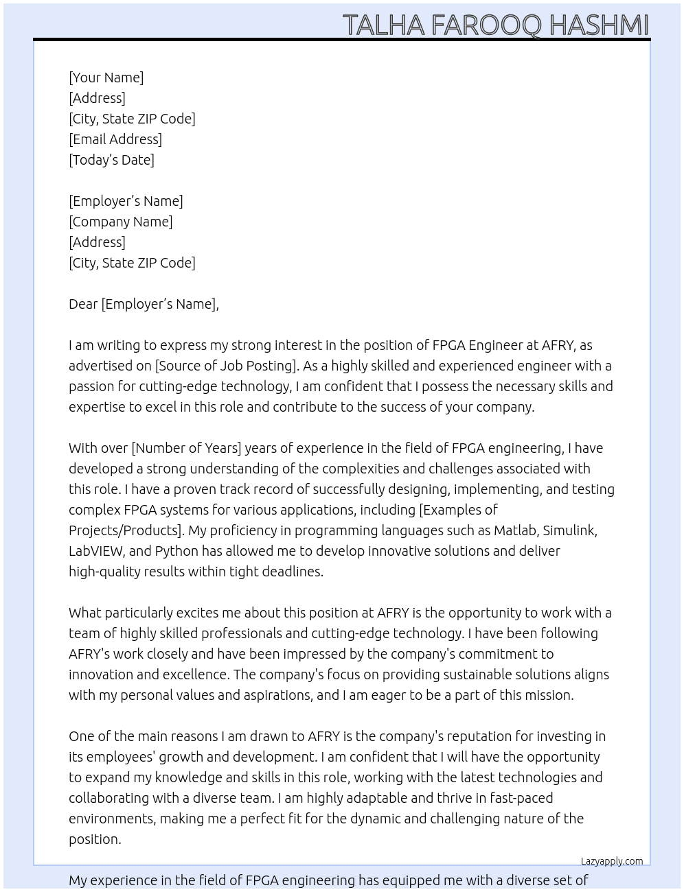 FPGA Engineer At AFRY Cover Letter