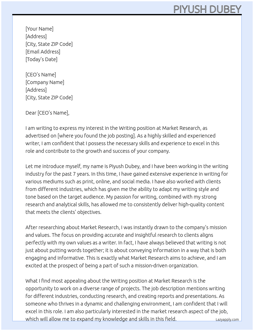 WRITING At Market Research Cover Letter