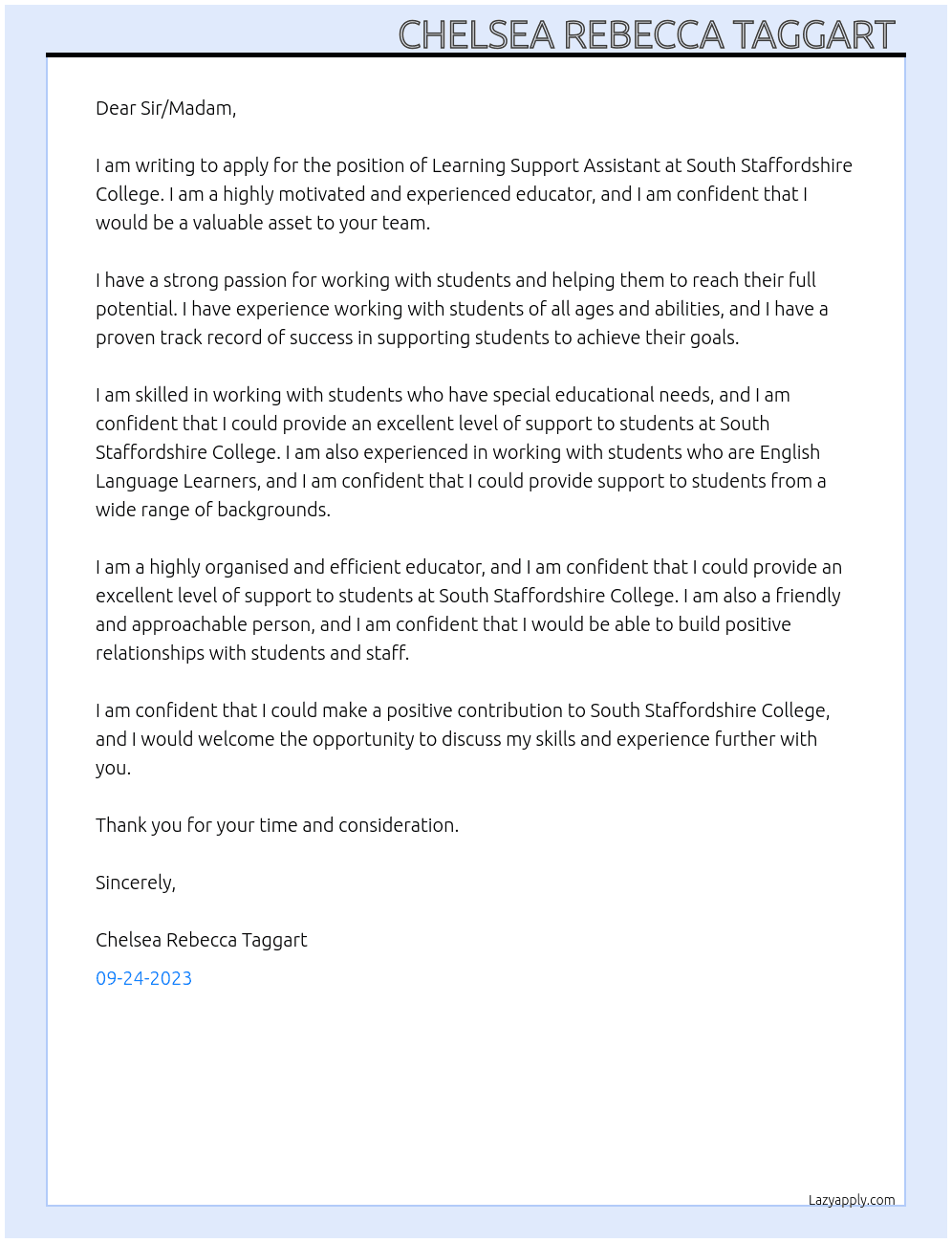 Learning support assistant  At South Staffordshire college  Cover Letter