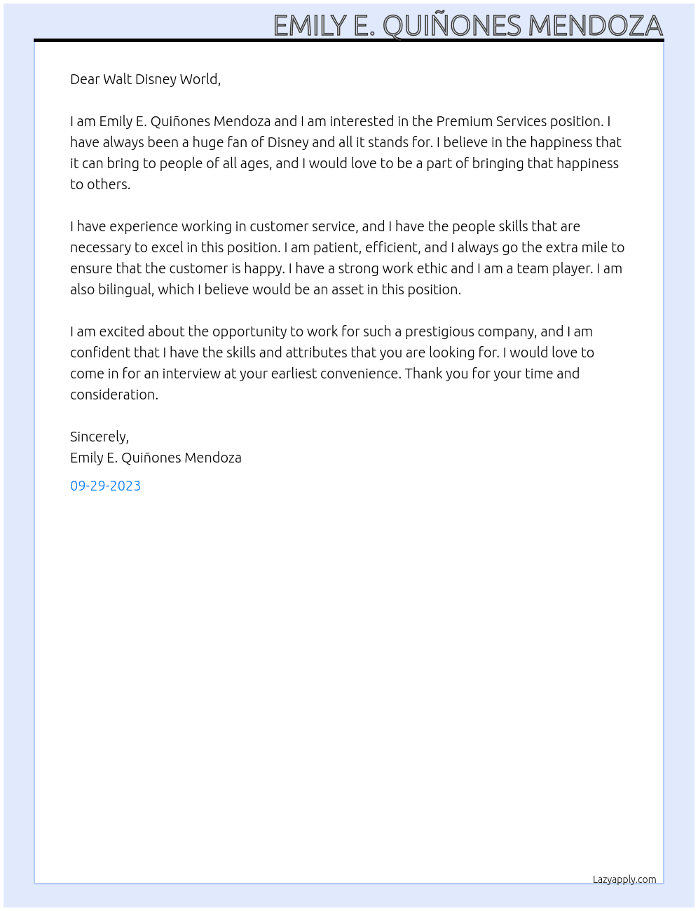 Premium Services At Walt Disney World  Cover Letter