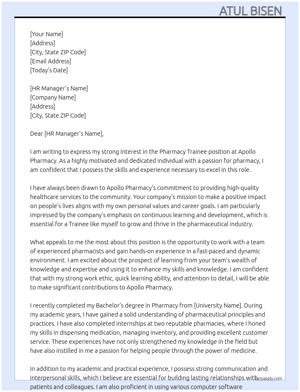 Pharmacy Trainee At Apollo Pharmacy  Cover Letter