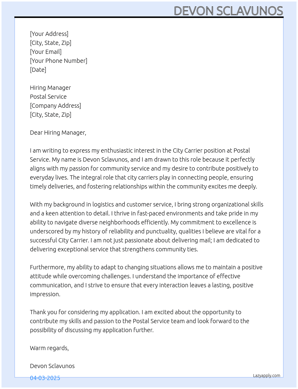 city carrier At Postal service Cover Letter