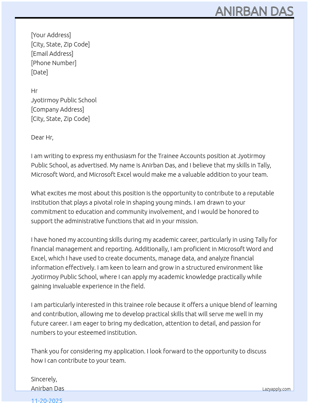 Cover letter for trainee accounts - LazyApply