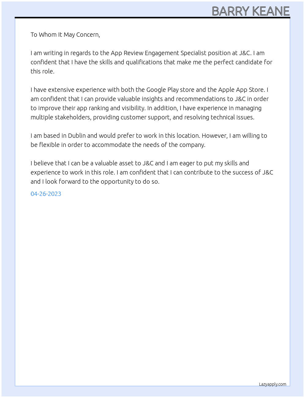 App Review Engagement Specialist At J&C Cover Letter