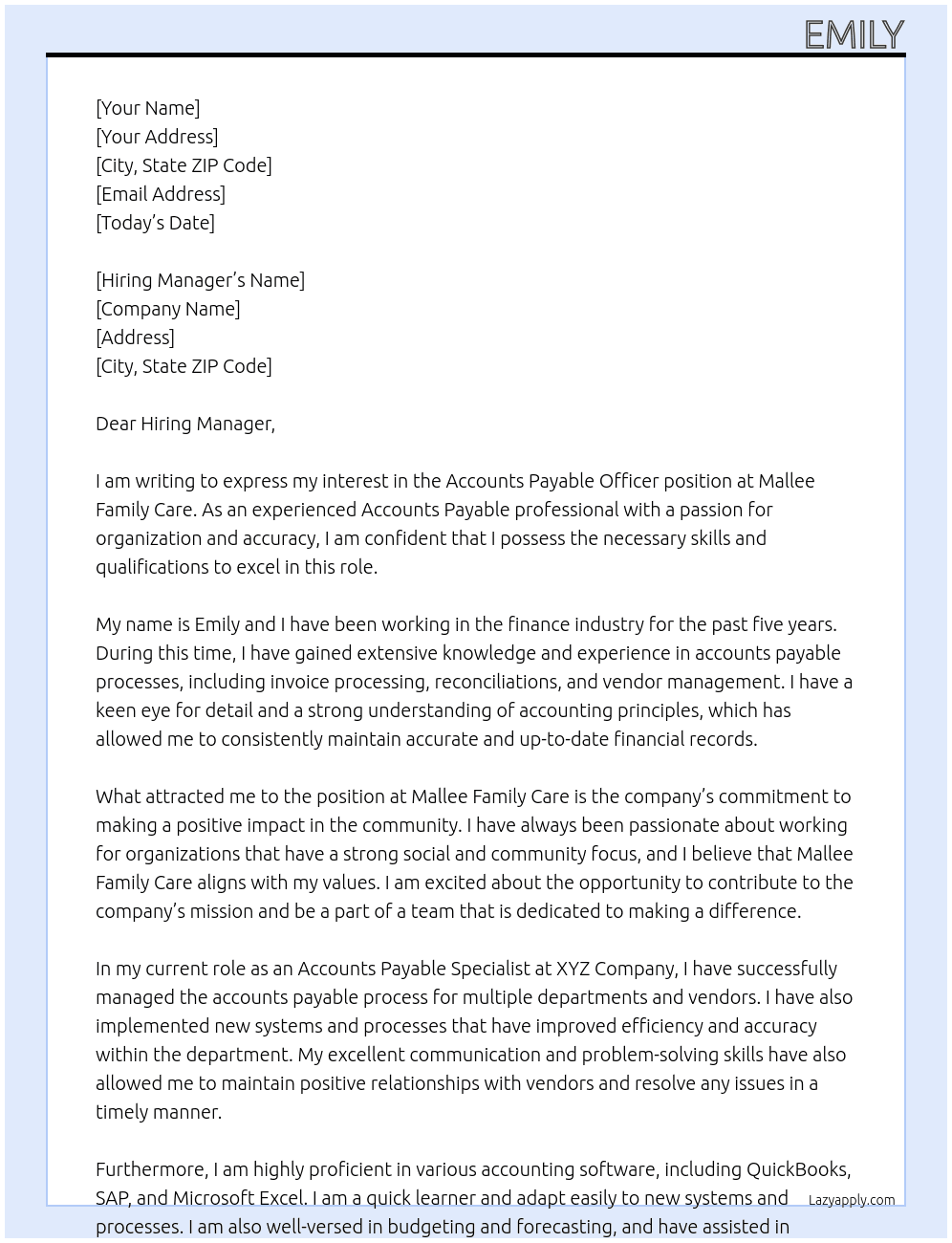 Accounts Payable Officer At Mallee Family Care Cover Letter
