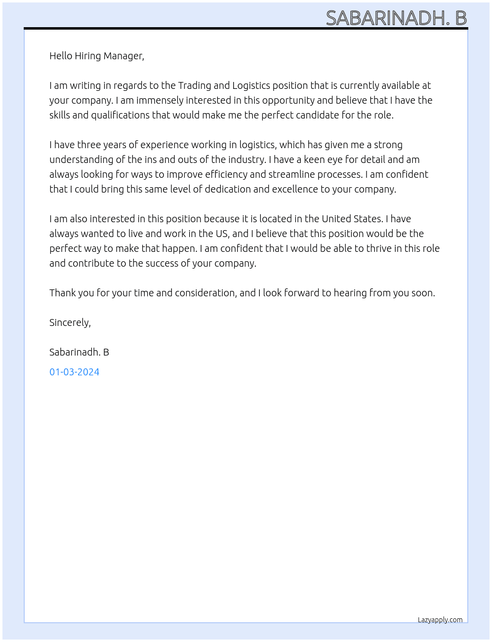 Trading and logistics  At Higer world Cover Letter