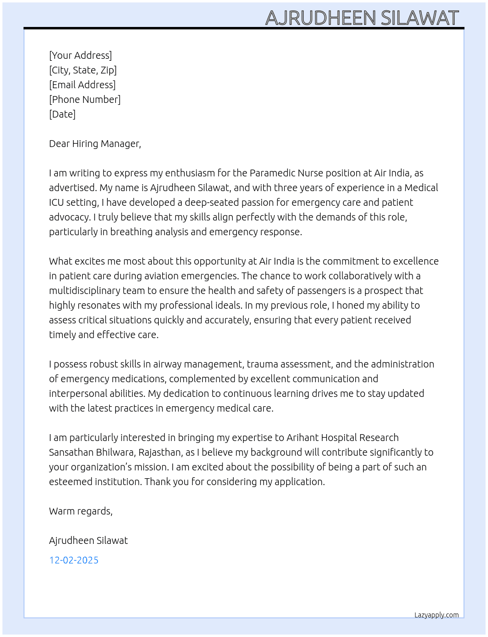Cover letter for paramedic nurse - LazyApply