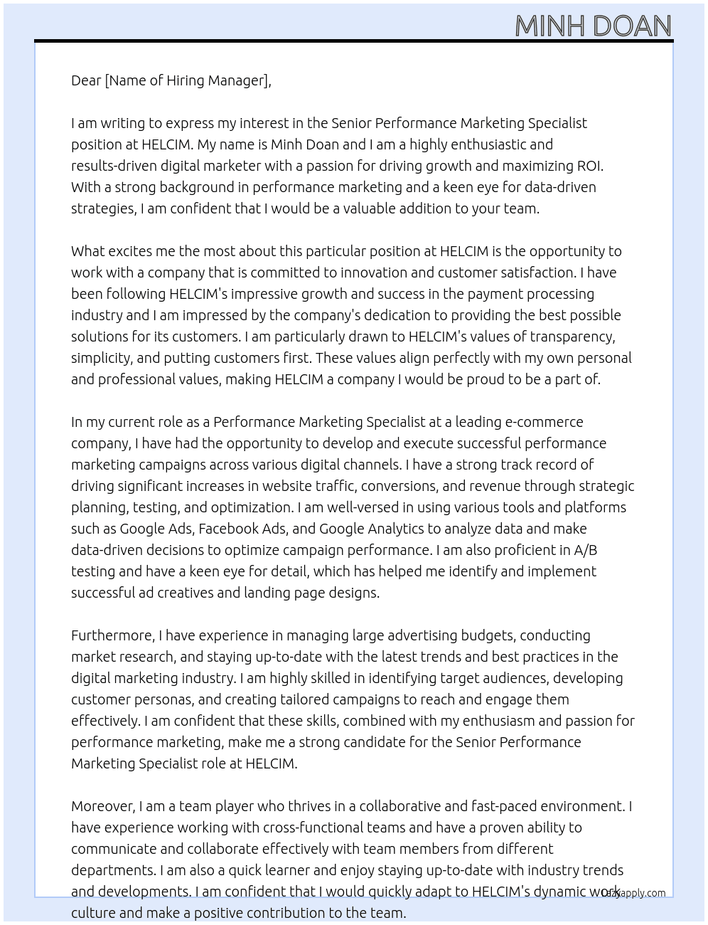 Senior Performance Marketing Specialist At HELCIM  Cover Letter