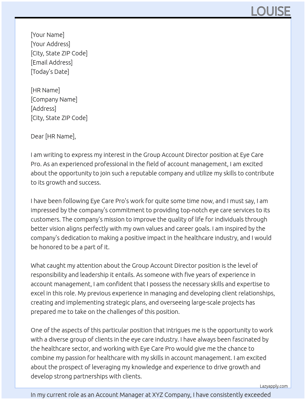  Group Account Director  At Eye Care Pro Cover Letter