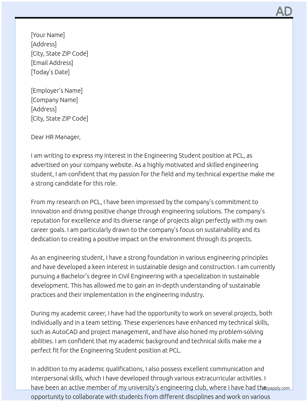 Engineering student  At PCL Cover Letter