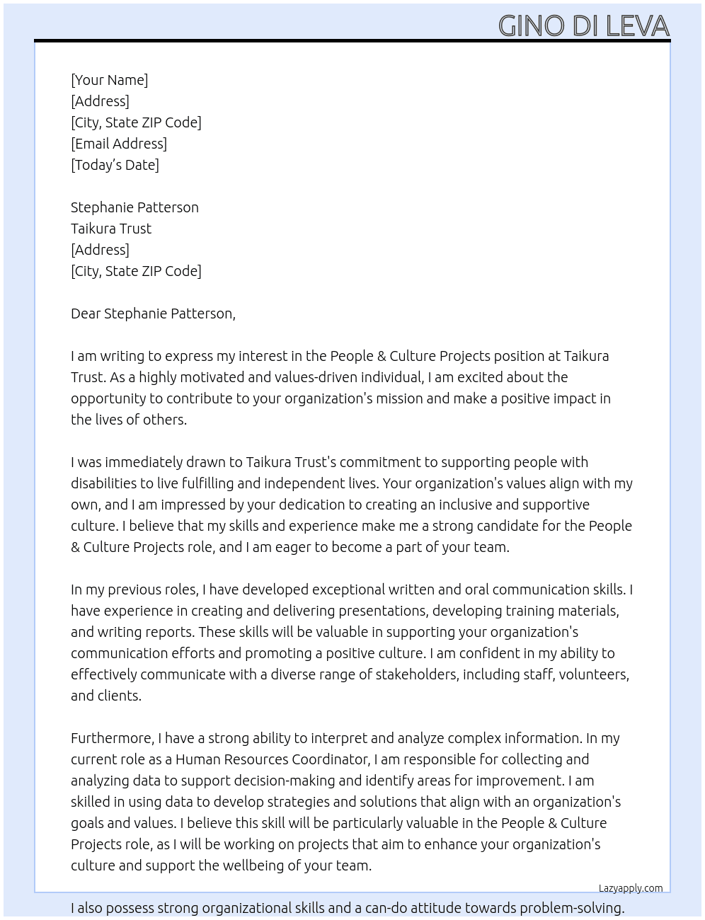 People & Cultute Projects At Taikura Trust Cover Letter
