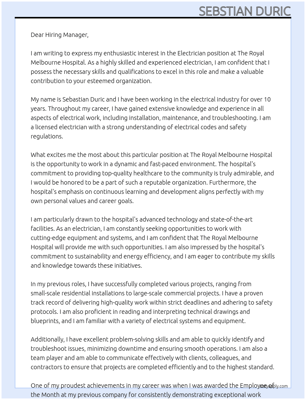 Electrician At The Royal Melbourne Hospital Cover Letter