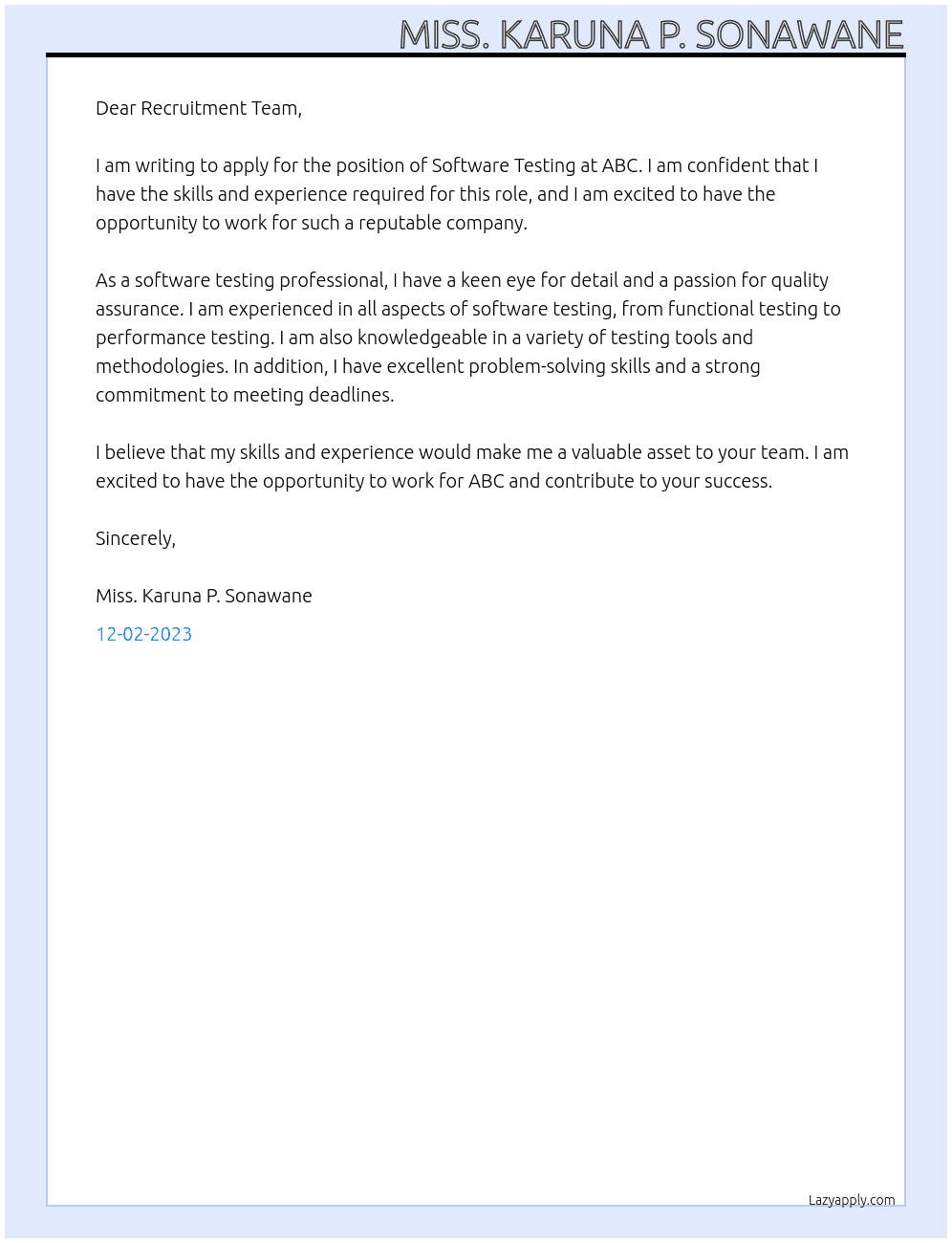 Software Testing At ABC Cover Letter