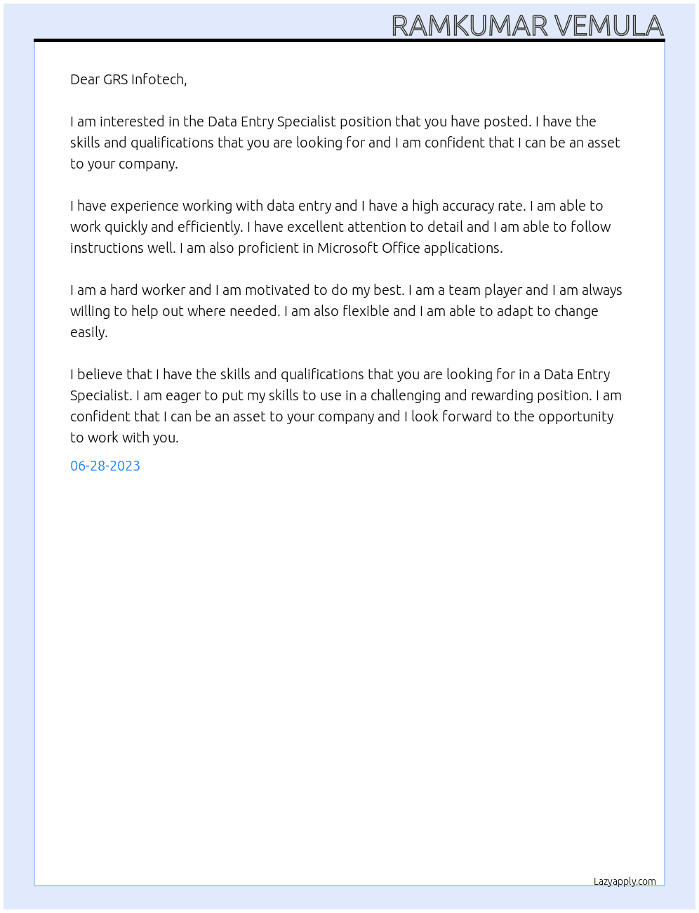 Data Entry Specialist At GRS Infotech Cover Letter