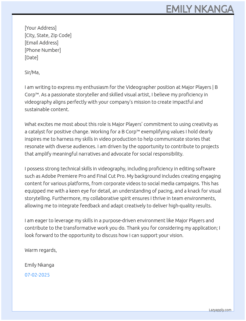 Videographer At Major Players | B Corp™ Cover Letter
