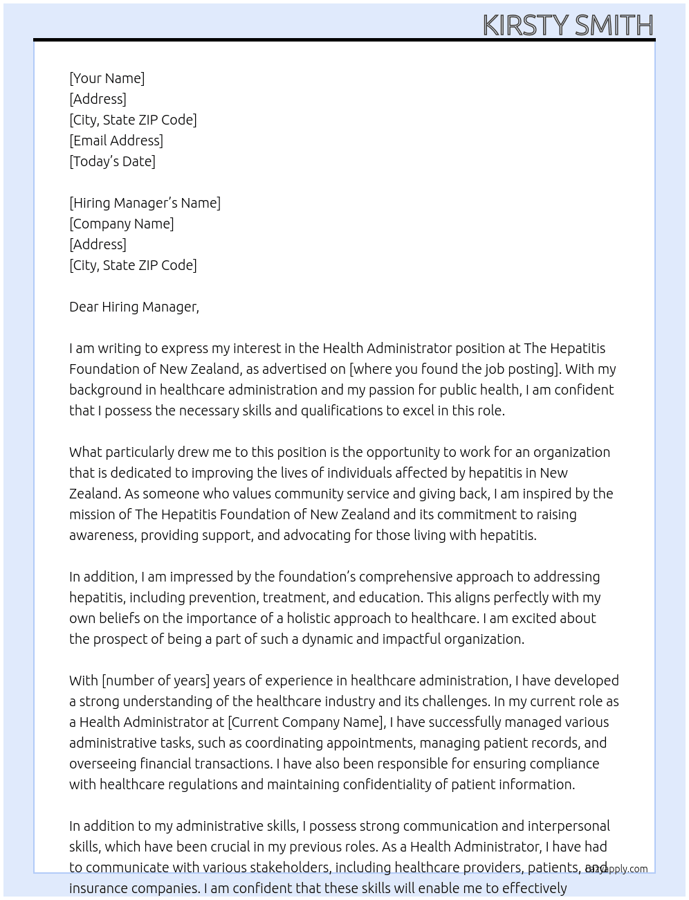 Health Administrator At The Hepatitis Foundation of New Zealand Cover Letter