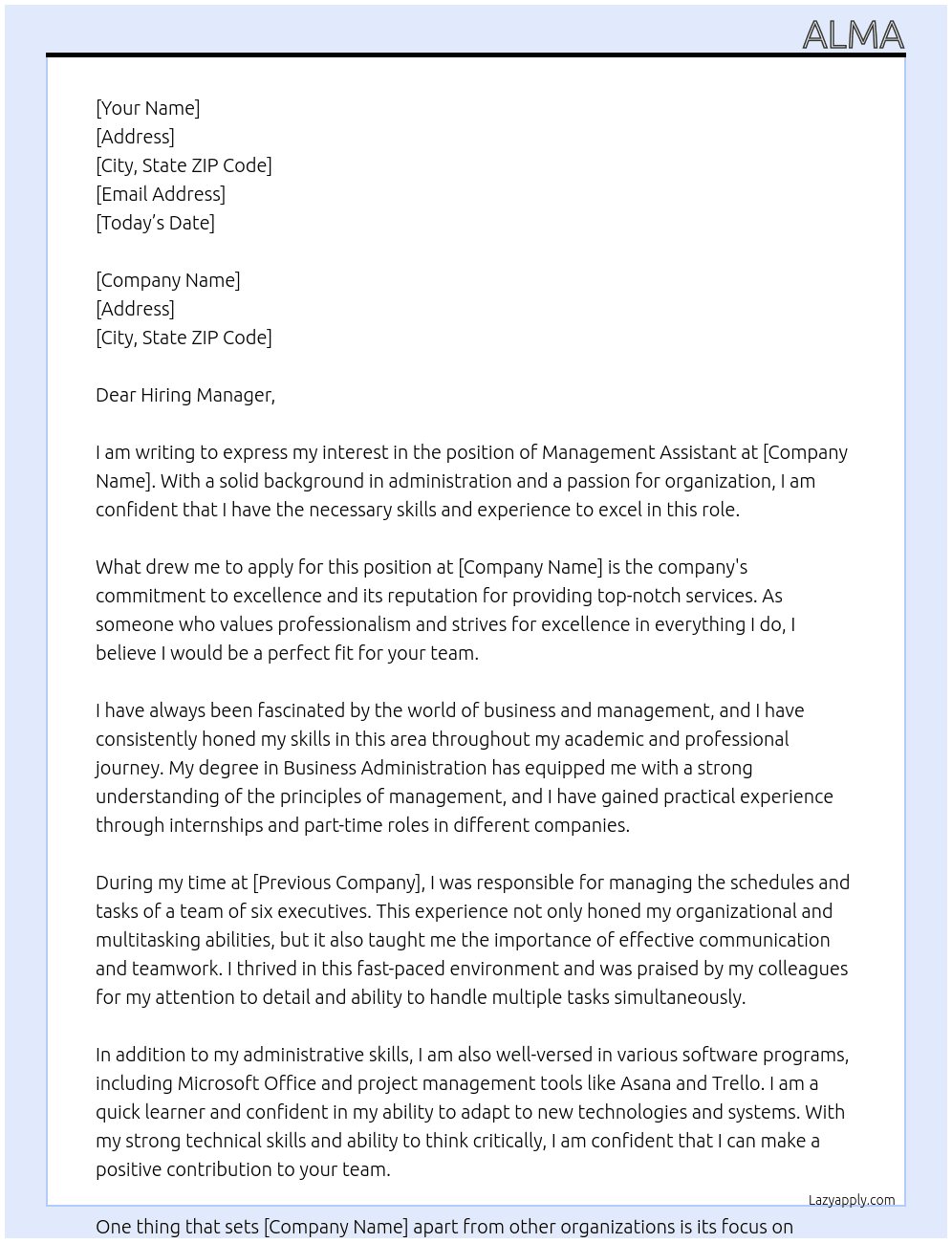 Management Assistant At Office Cover Letter