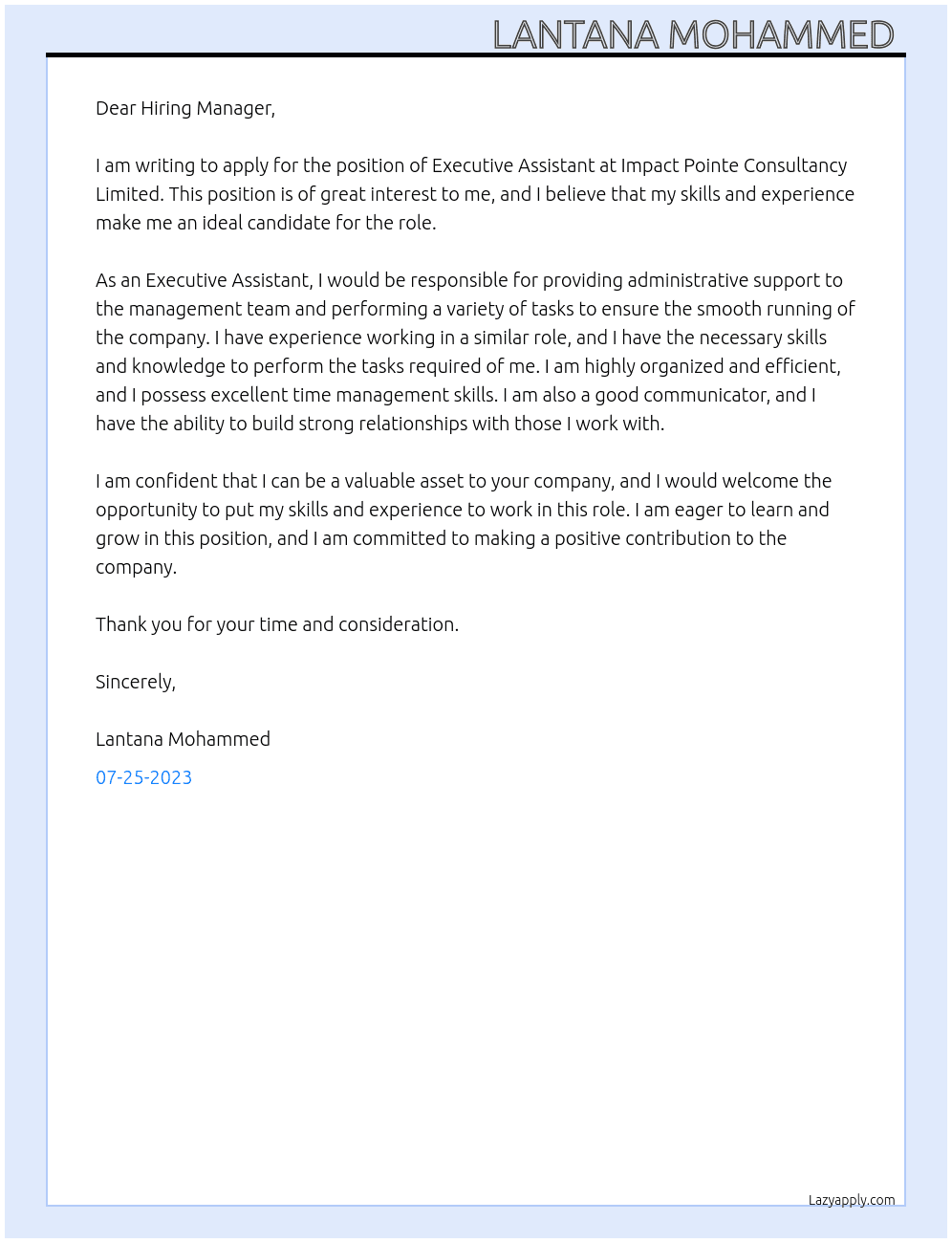 Executive Assistant  At Impact Pointe Consultancy Limited Cover Letter