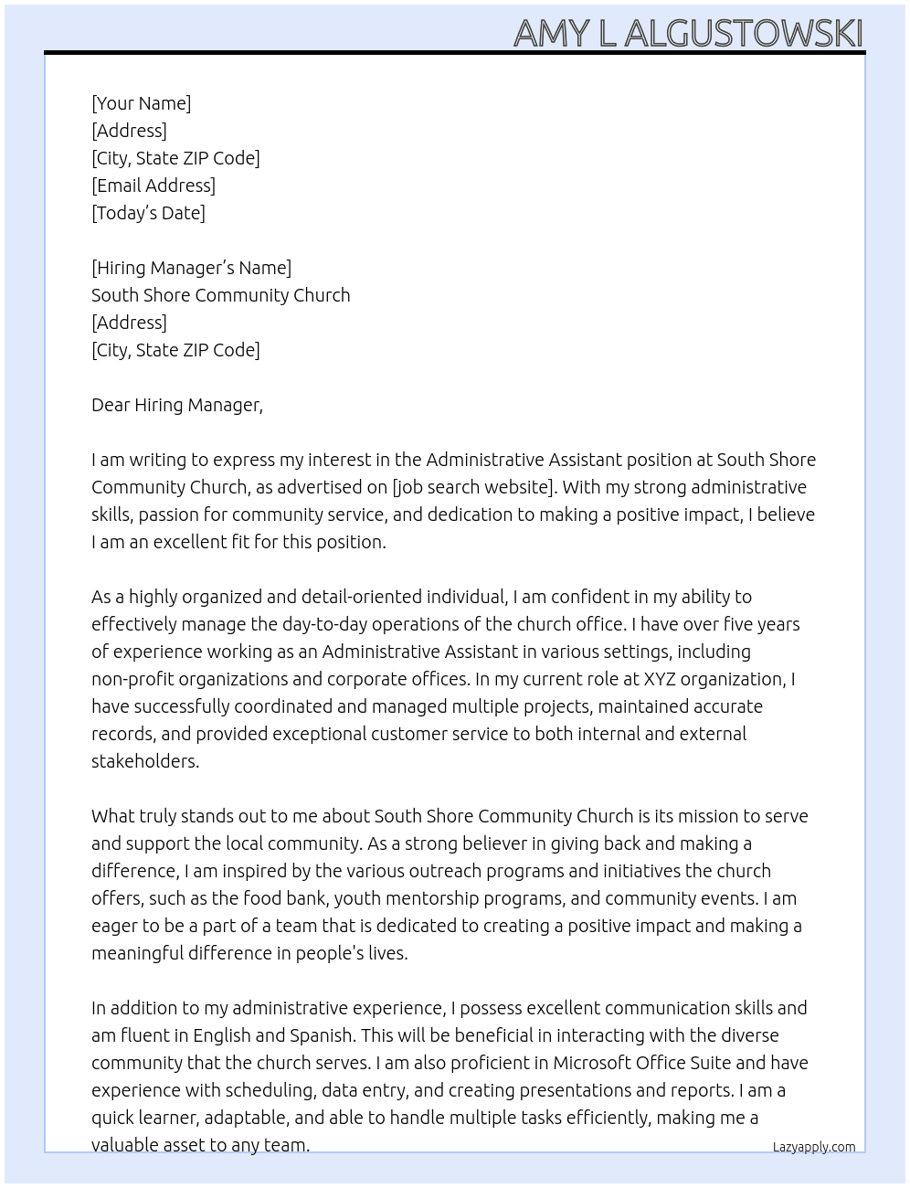 Administrative Assistant At South Shore Community Church Cover Letter