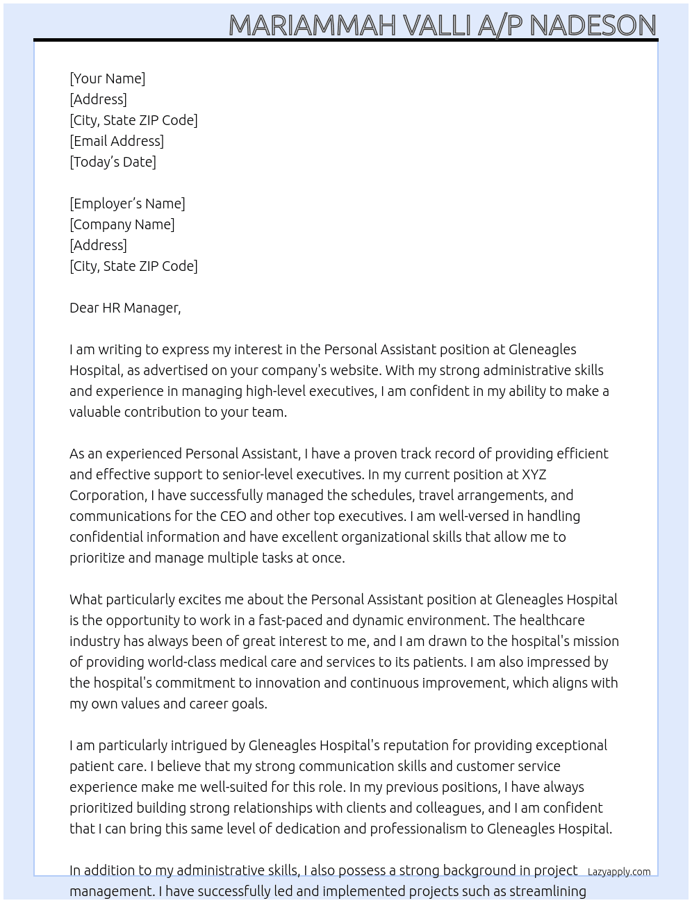 personal assistant  At Gleneagles hospital  Cover Letter