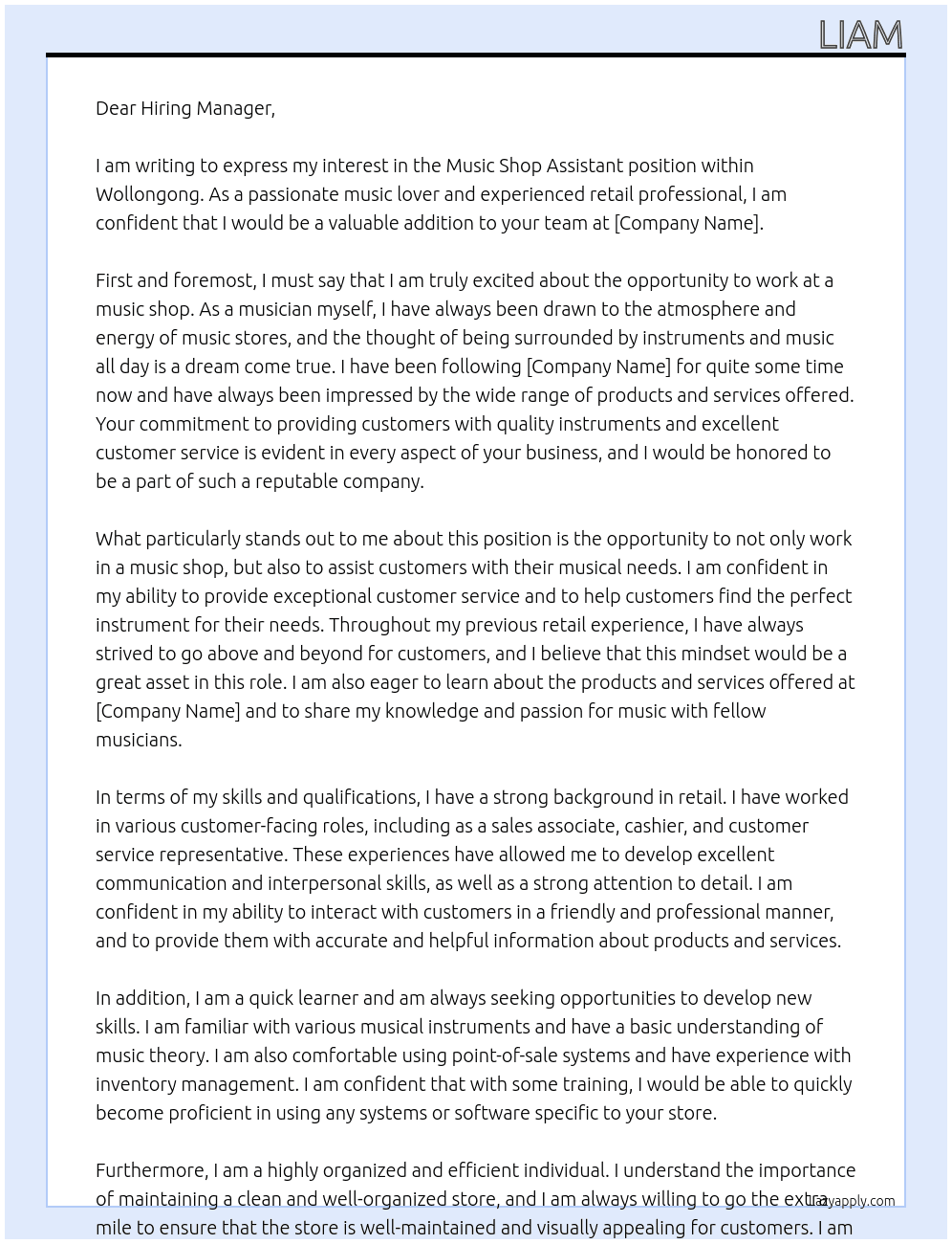 Music Shop Assistant At within Wollongong Cover Letter